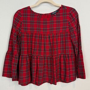 Madewell Red Plaid Tiered Button Up Back Top XXS